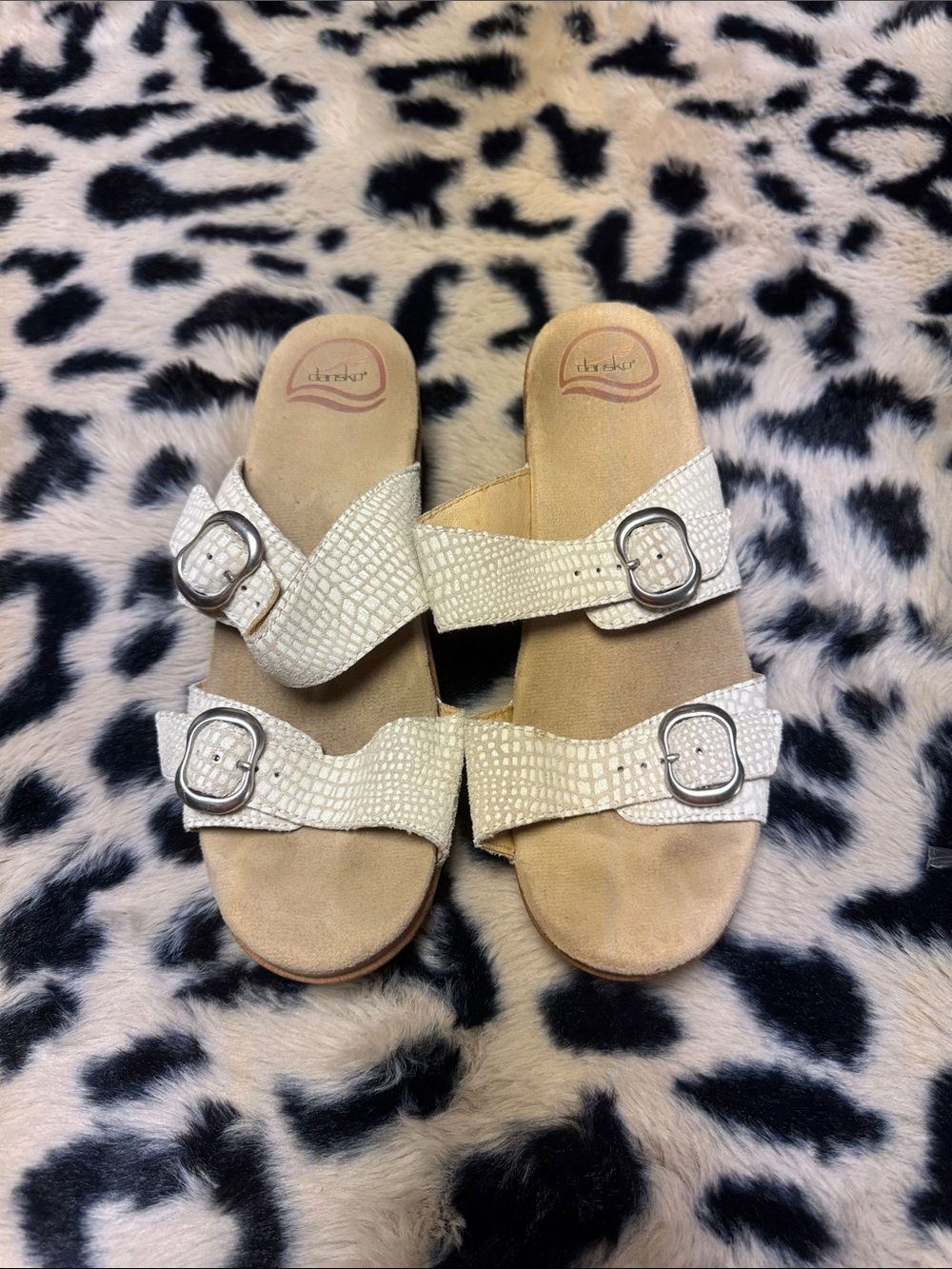 Dansko White Textured Double-Buckle Slide Sandals